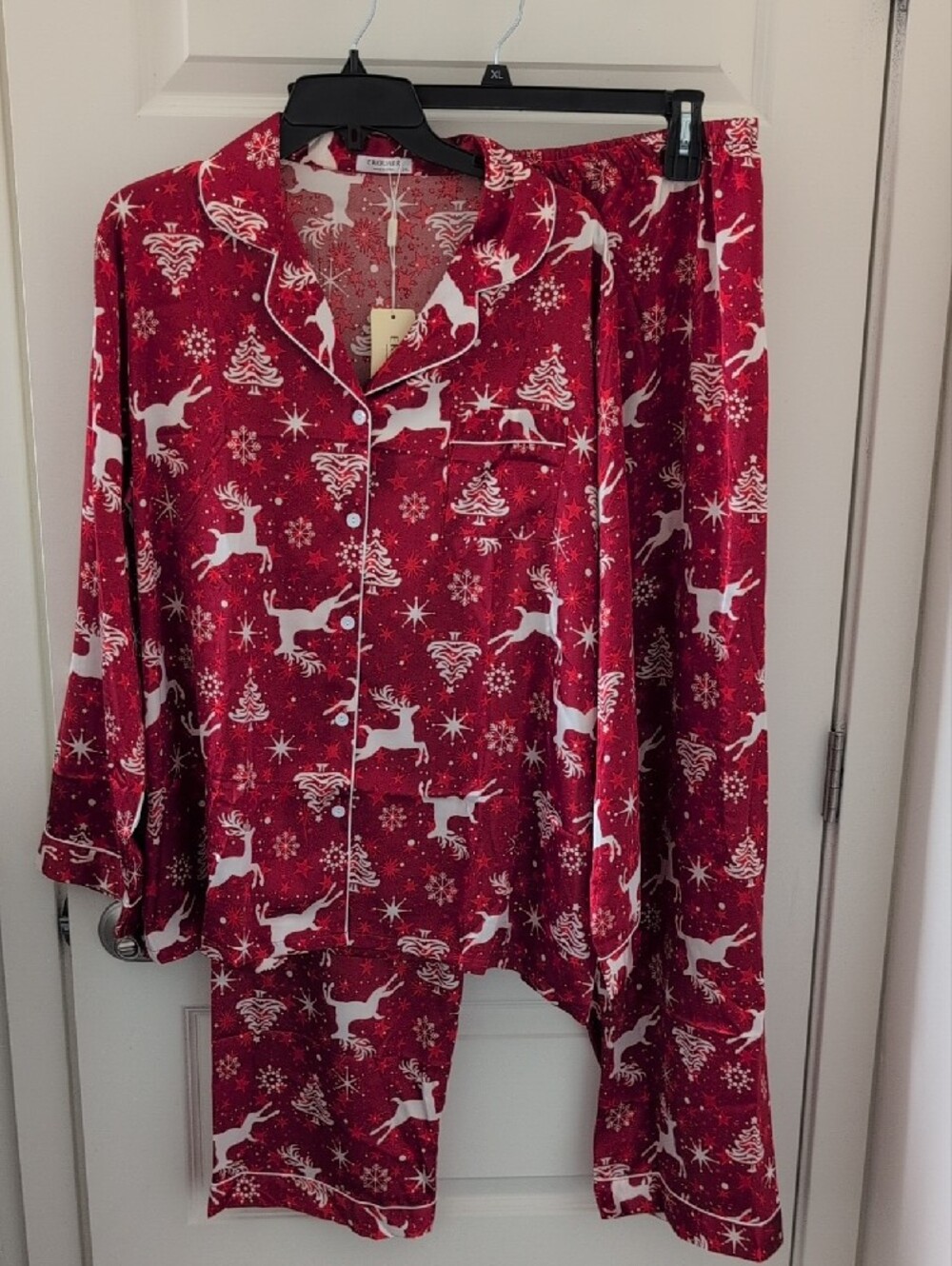 EKOUAER Satin Pajama Set Holiday Reindeer Red and White Button Down Size 2X - Picture 3 of 16